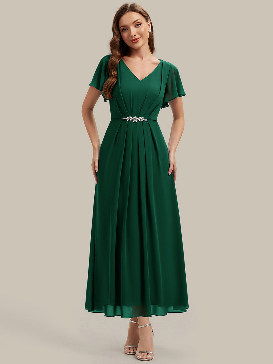 Kn?chellang V-Ausschnitt A-Line Chiffon Kleid R¨¹schendetails Strassverzierungen #Farbe_Dunkelgrün