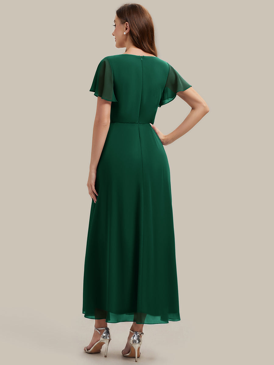 Kn?chellang V-Ausschnitt A-Line Chiffon Kleid R¨¹schendetails Strassverzierungen #Farbe_Dunkelgrün