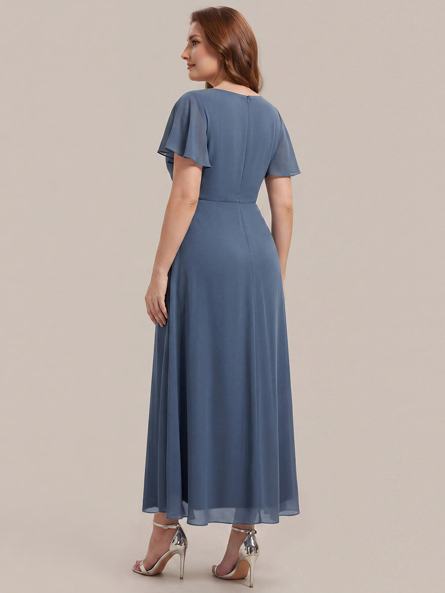 Kn?chellang V-Ausschnitt A-Line Chiffon Kleid R¨¹schendetails Strassverzierungen #Farbe_Taubenblau