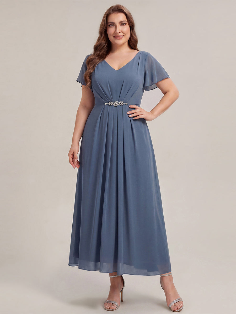 Kn?chellang V-Ausschnitt A-Line Chiffon Kleid R¨¹schendetails Strassverzierungen #Farbe_Taubenblau