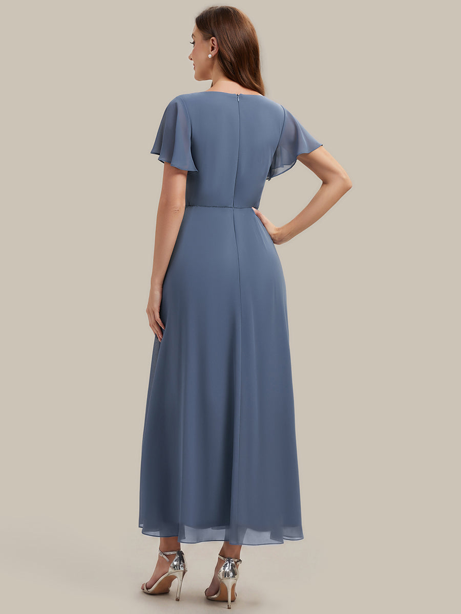 Kn?chellang V-Ausschnitt A-Line Chiffon Kleid R¨¹schendetails Strassverzierungen #Farbe_Taubenblau