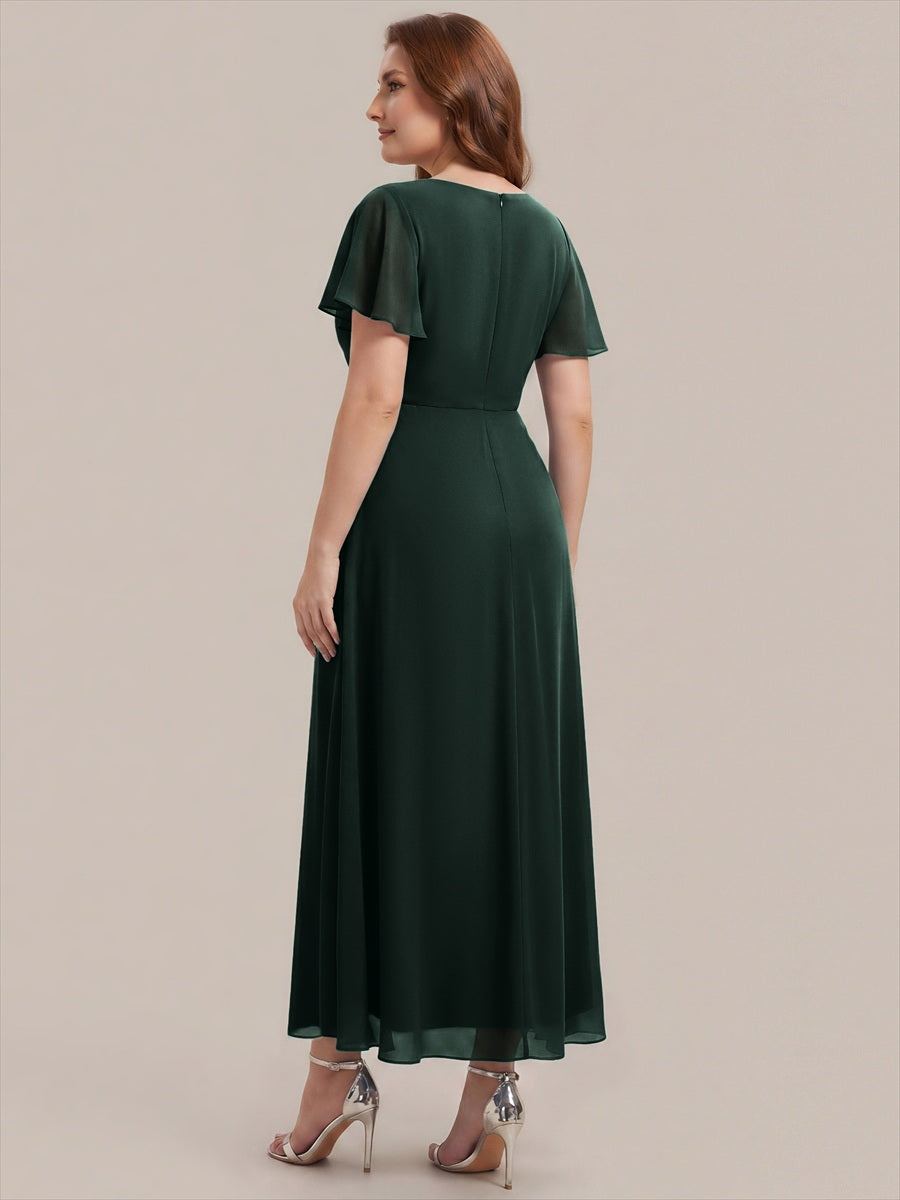 Kn?chellang V-Ausschnitt A-Line Chiffon Kleid R¨¹schendetails Strassverzierungen #Farbe_Dunkelwaldgrün
