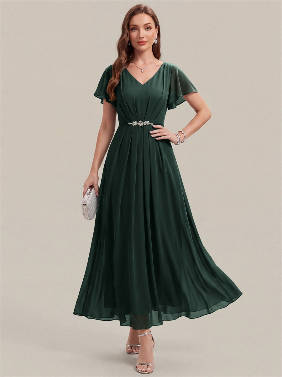 Kn?chellang V-Ausschnitt A-Line Chiffon Kleid R¨¹schendetails Strassverzierungen #Farbe_Dunkelwaldgrün