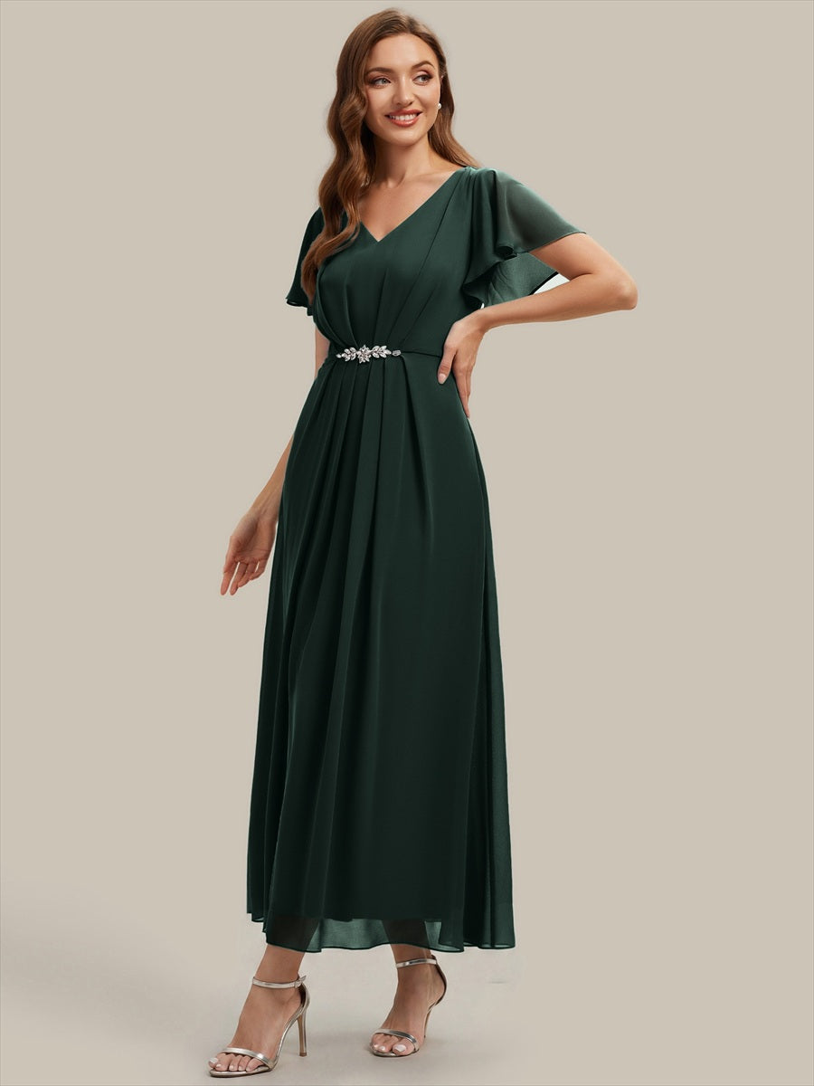 Kn?chellang V-Ausschnitt A-Line Chiffon Kleid R¨¹schendetails Strassverzierungen #Farbe_Dunkelwaldgrün
