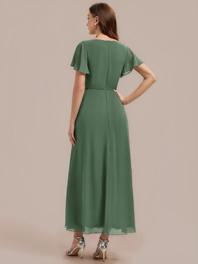 Kn?chellang V-Ausschnitt A-Line Chiffon Kleid R¨¹schendetails Strassverzierungen #Farbe_Eukalyptus