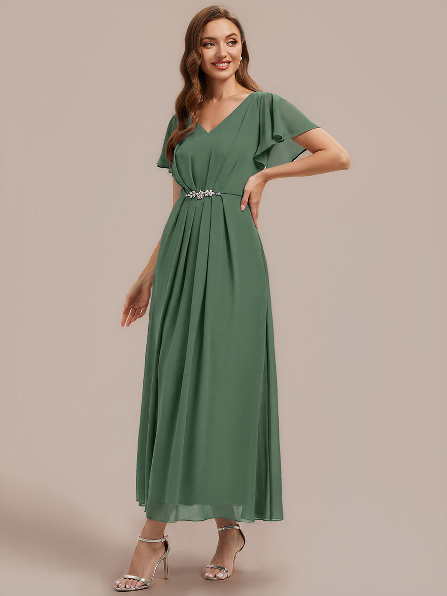 Kn?chellang V-Ausschnitt A-Line Chiffon Kleid R¨¹schendetails Strassverzierungen #Farbe_Eukalyptus