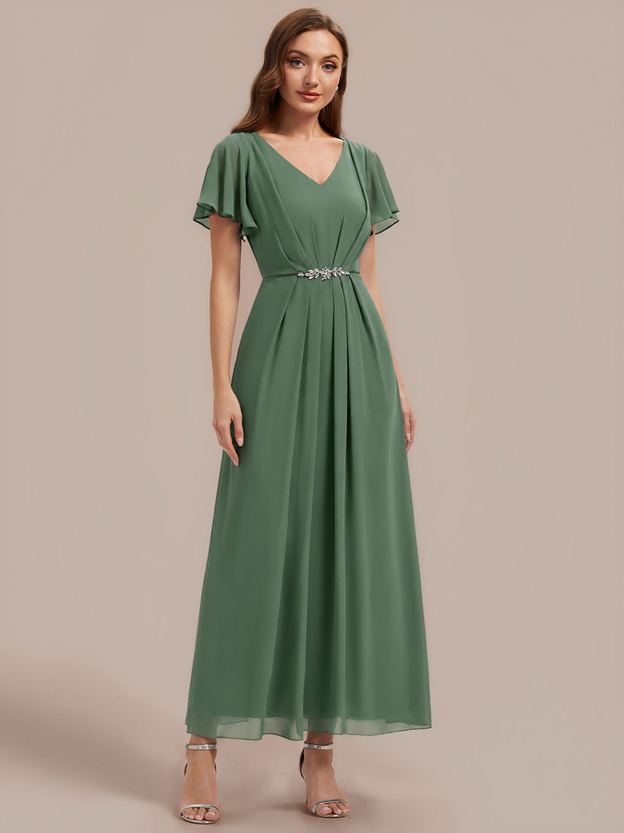 Kn?chellang V-Ausschnitt A-Line Chiffon Kleid R¨¹schendetails Strassverzierungen #Farbe_Eukalyptus