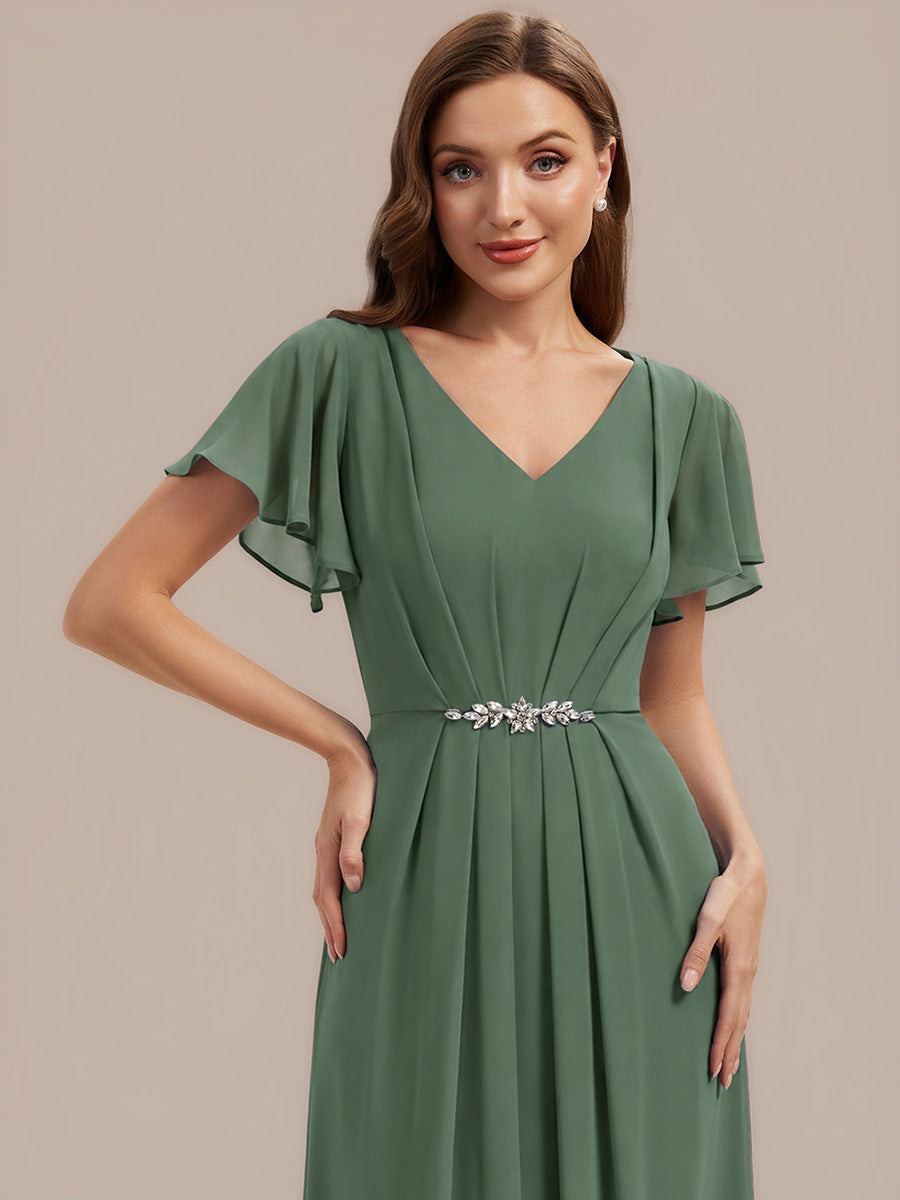Kn?chellang V-Ausschnitt A-Line Chiffon Kleid R¨¹schendetails Strassverzierungen #Farbe_Eukalyptus