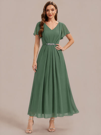 Kn?chellang V-Ausschnitt A-Line Chiffon Kleid R¨¹schendetails Strassverzierungen #Farbe_Eukalyptus