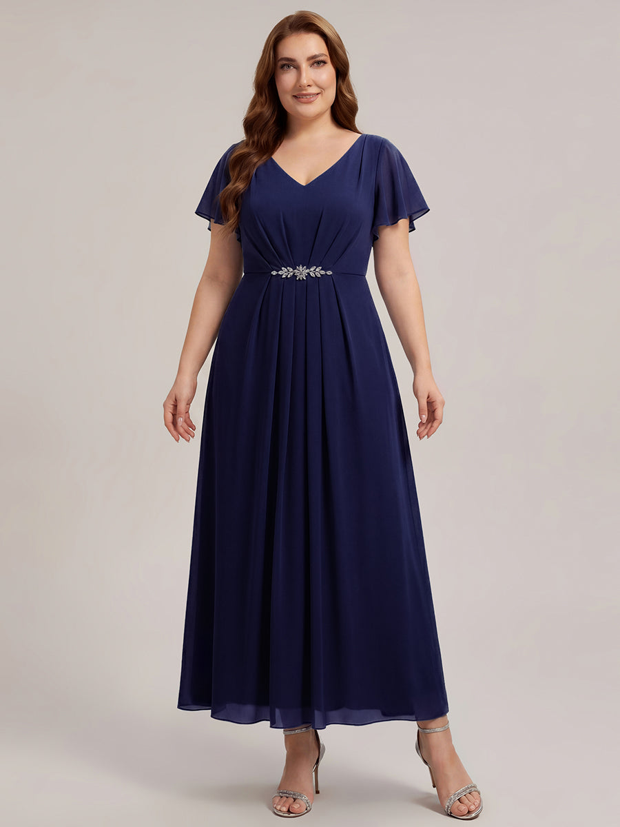 Kn?chellang V-Ausschnitt A-Line Chiffon Kleid R¨¹schendetails Strassverzierungen #Farbe_Marineblau