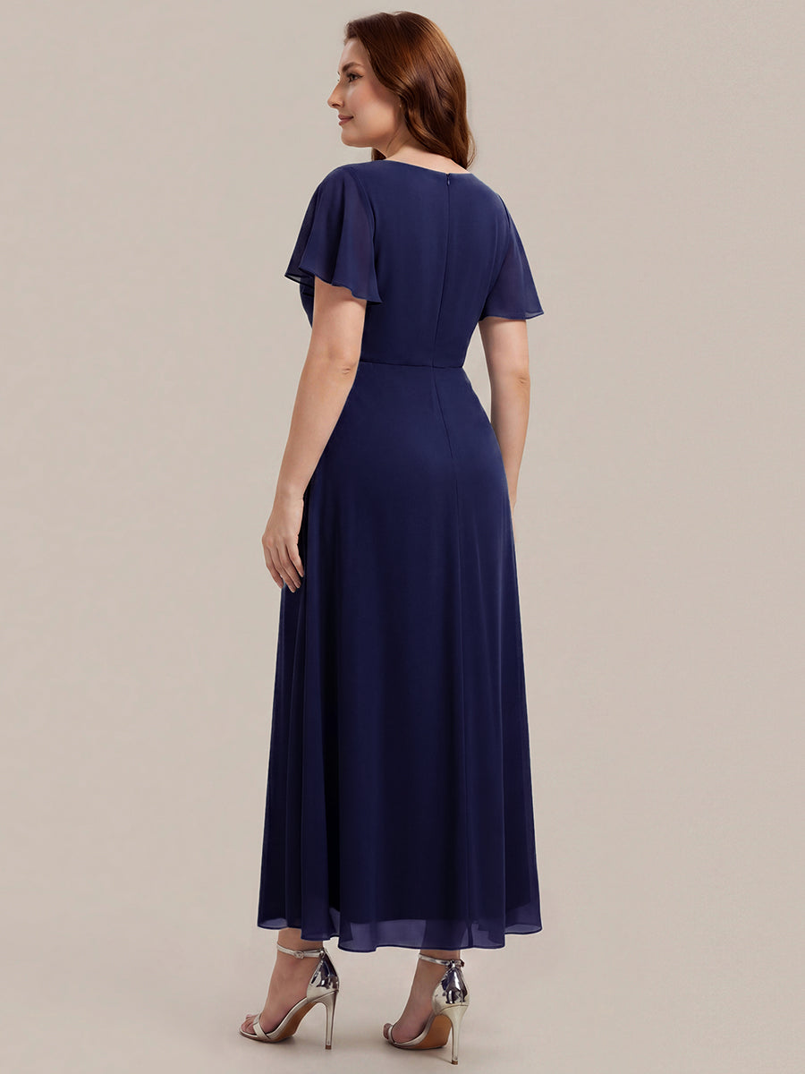 Kn?chellang V-Ausschnitt A-Line Chiffon Kleid R¨¹schendetails Strassverzierungen #Farbe_Marineblau