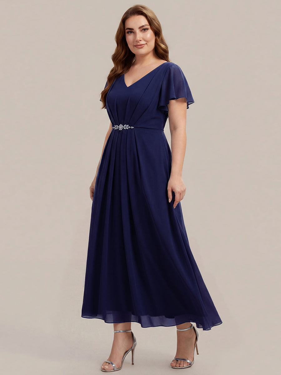 Kn?chellang V-Ausschnitt A-Line Chiffon Kleid R¨¹schendetails Strassverzierungen #Farbe_Marineblau