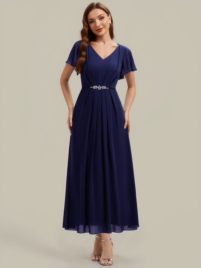 Kn?chellang V-Ausschnitt A-Line Chiffon Kleid R¨¹schendetails Strassverzierungen #Farbe_Marineblau