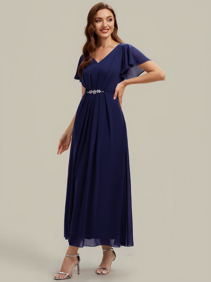 Kn?chellang V-Ausschnitt A-Line Chiffon Kleid R¨¹schendetails Strassverzierungen #Farbe_Marineblau