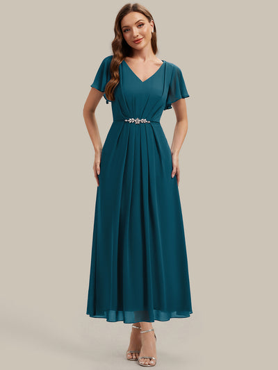 Kn?chellang V-Ausschnitt A-Line Chiffon Kleid R¨¹schendetails Strassverzierungen #Farbe_Petrol