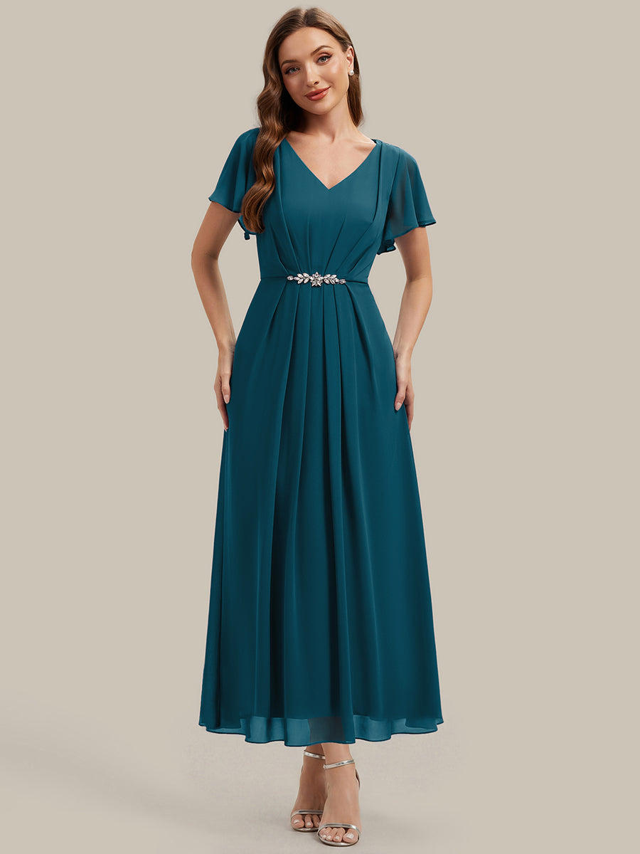 Kn?chellang V-Ausschnitt A-Line Chiffon Kleid R¨¹schendetails Strassverzierungen #Farbe_Petrol