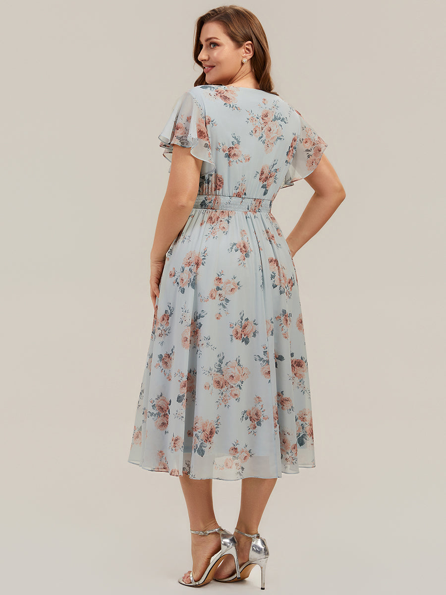 Midi Tee-L?nge Smocked A-Linie Kleid Mit V-Ausschnitt Aus Chiffon Elegant Und Stilvoll Kleid #Farbe_Bernstein