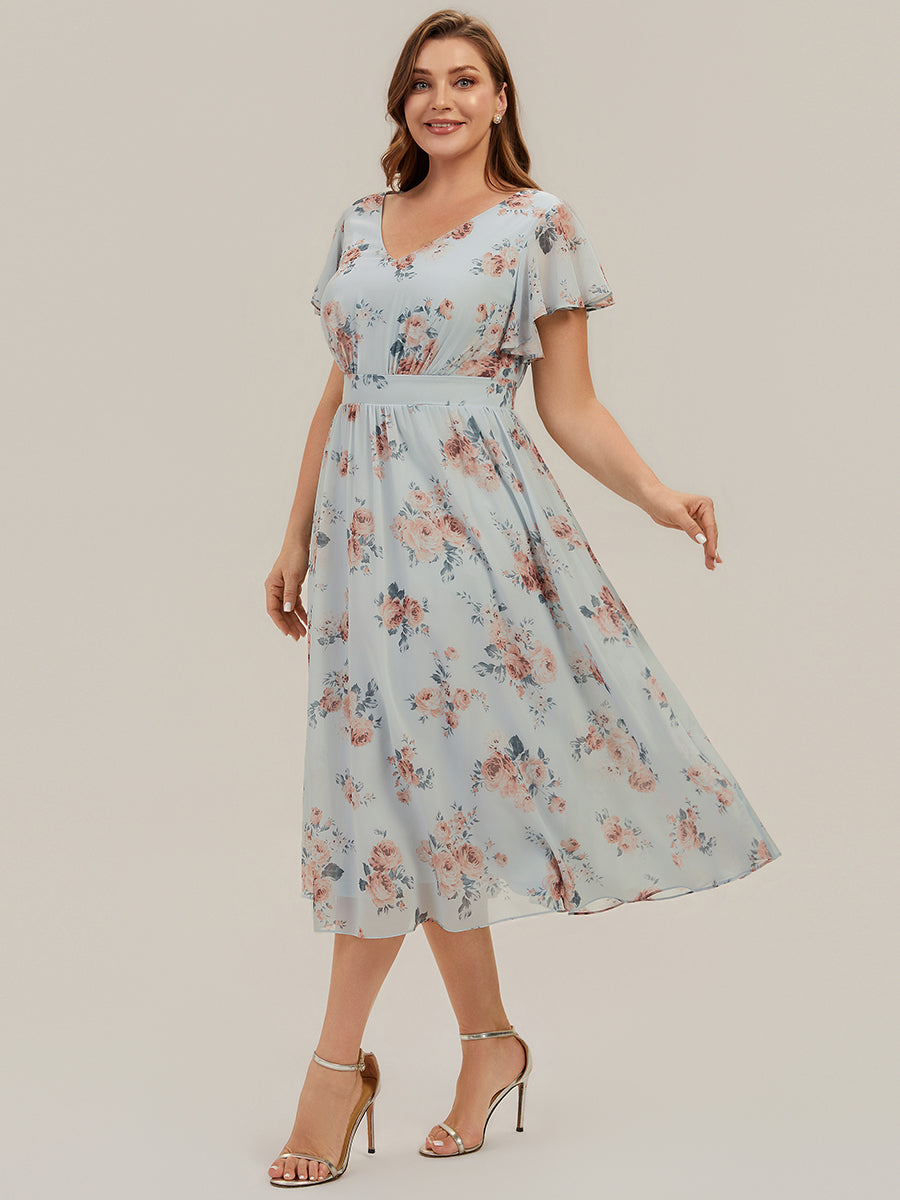 Midi Tee-L?nge Smocked A-Linie Kleid Mit V-Ausschnitt Aus Chiffon Elegant Und Stilvoll Kleid #Farbe_Bernstein