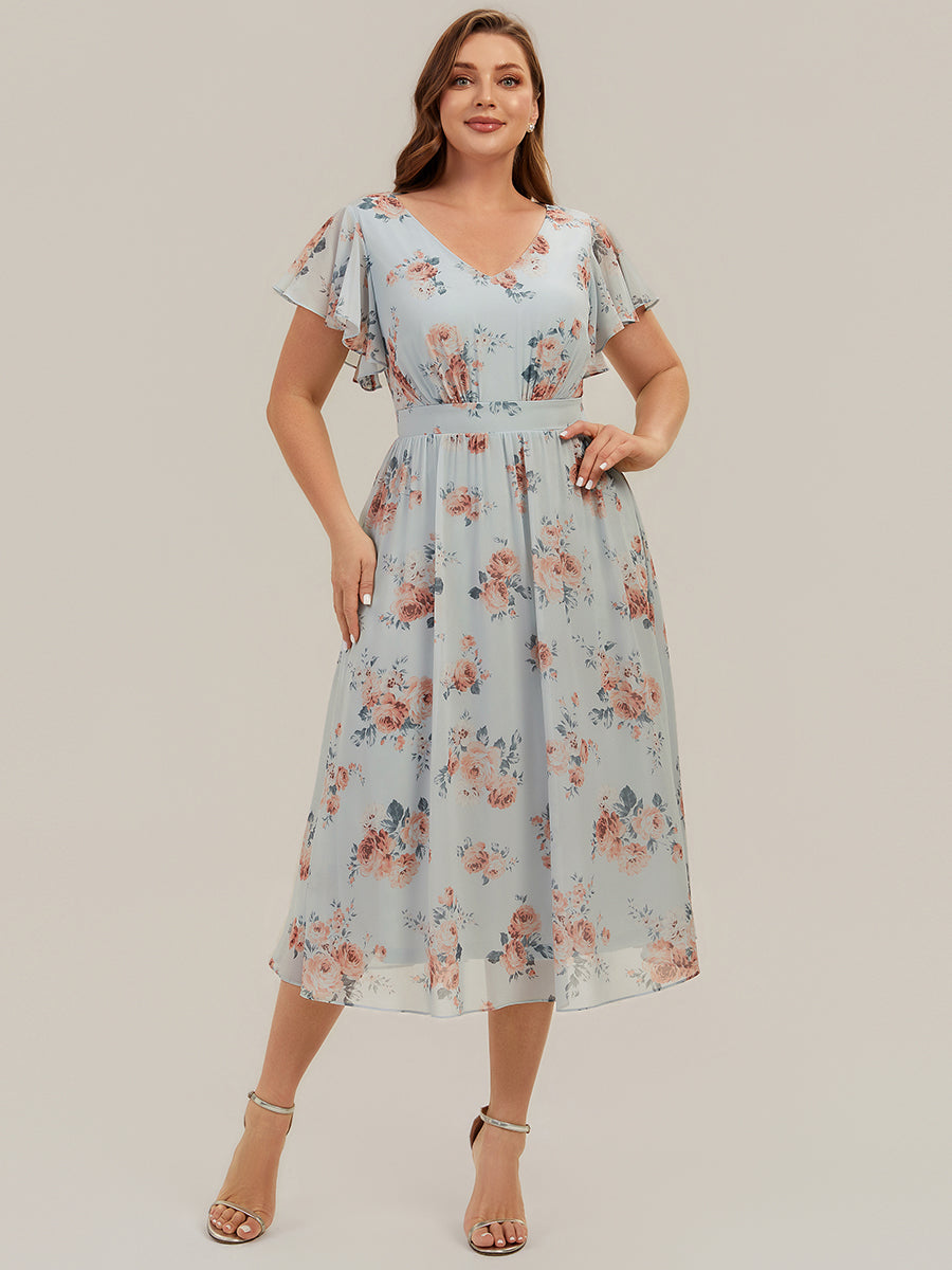 Midi Tee-L?nge Smocked A-Linie Kleid Mit V-Ausschnitt Aus Chiffon Elegant Und Stilvoll Kleid #Farbe_Bernstein