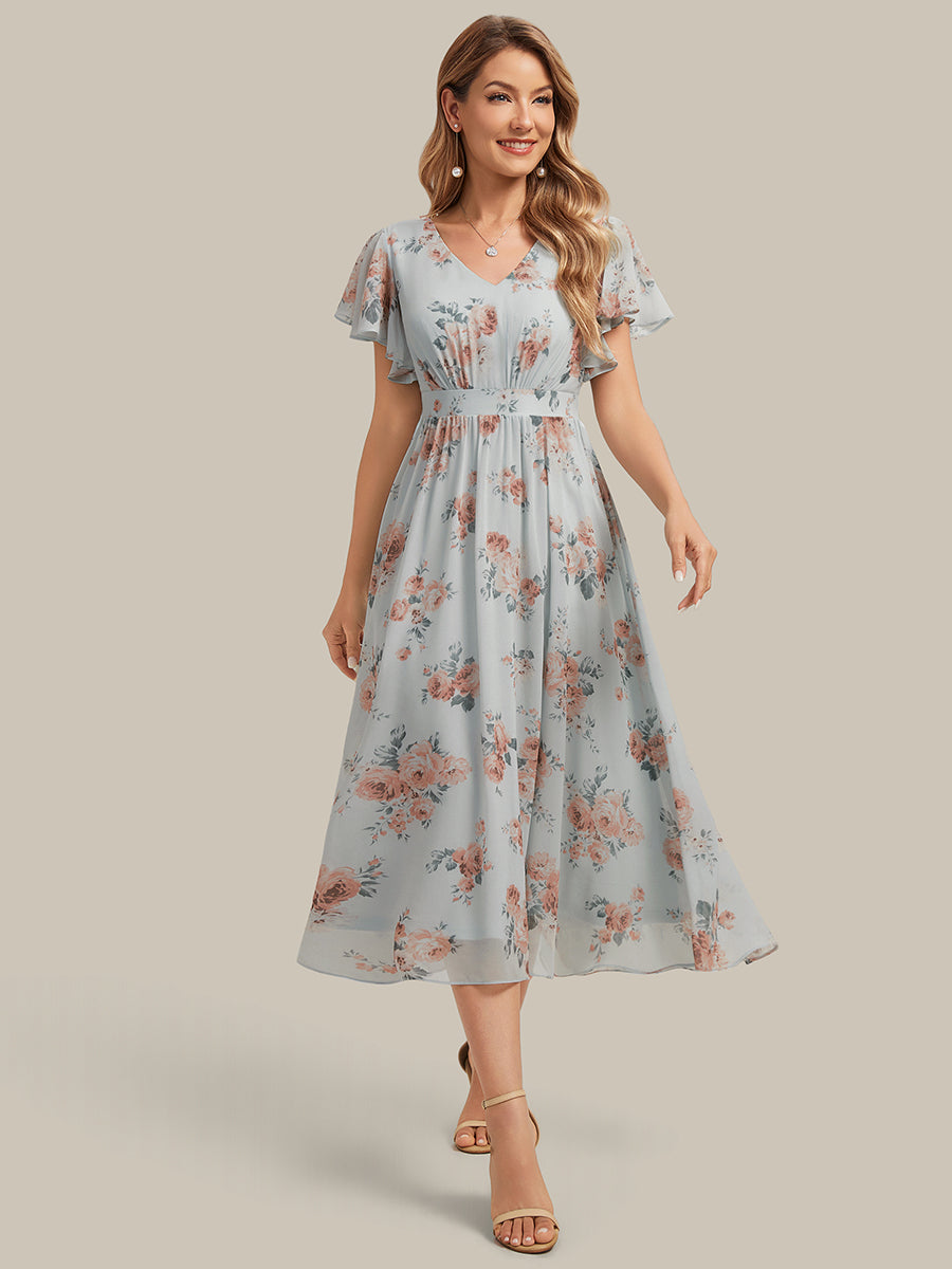 Midi Tee-L?nge Smocked A-Linie Kleid Mit V-Ausschnitt Aus Chiffon Elegant Und Stilvoll Kleid #Farbe_Bernstein
