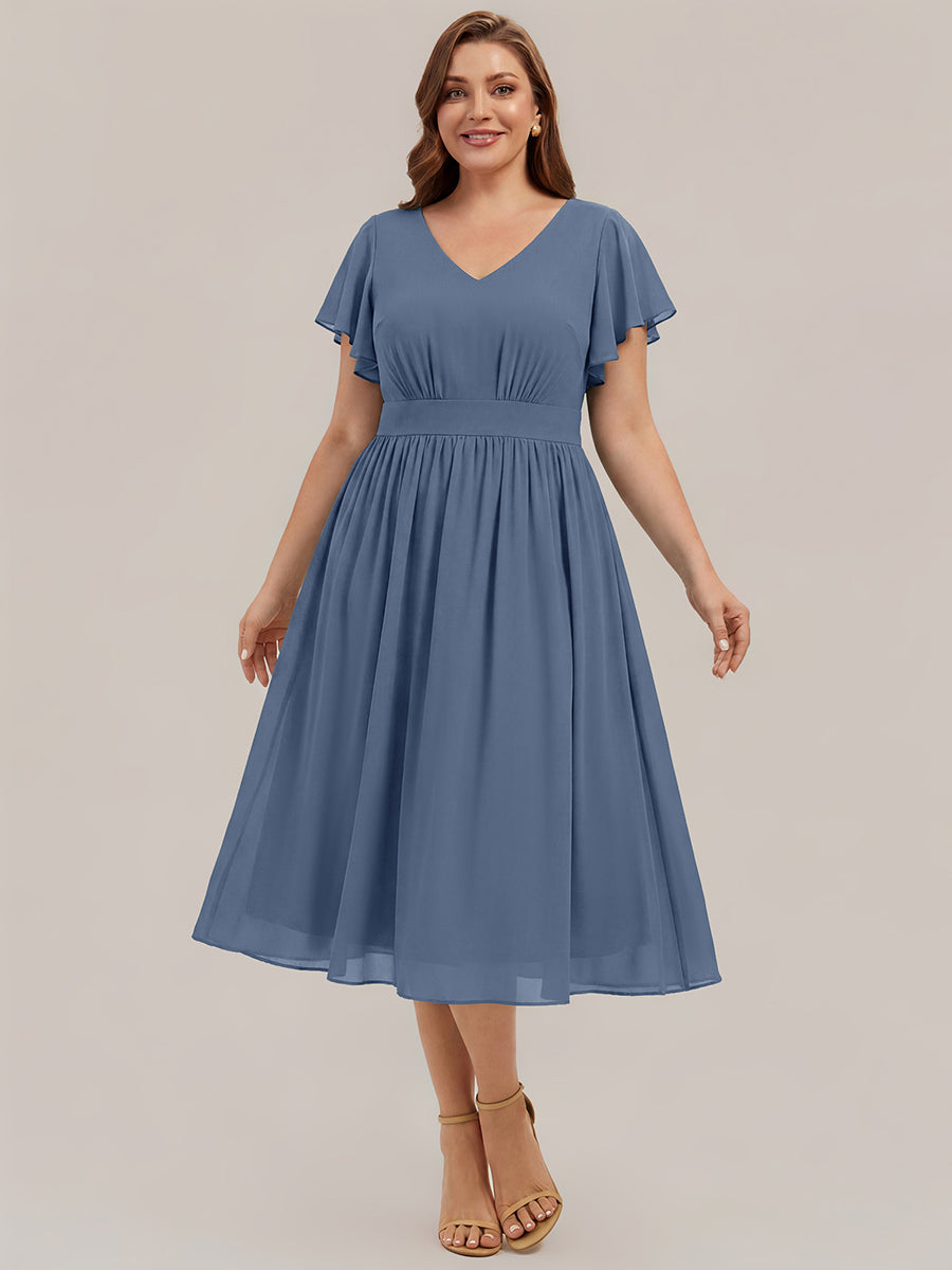 Midi Tee-L?nge Smocked A-Linie Kleid Mit V-Ausschnitt Aus Chiffon Elegant Und Stilvoll Kleid #Farbe_Taubenblau