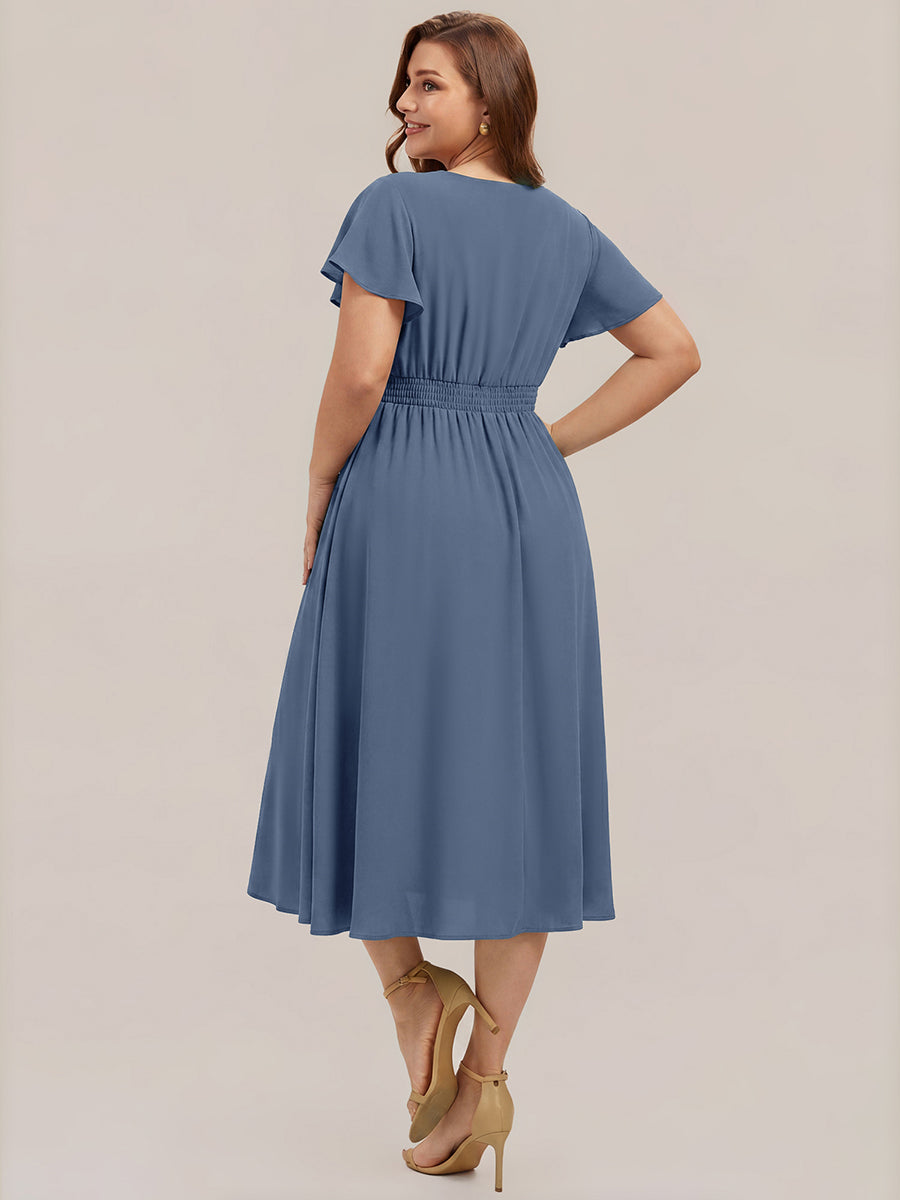 Midi Tee-L?nge Smocked A-Linie Kleid Mit V-Ausschnitt Aus Chiffon Elegant Und Stilvoll Kleid #Farbe_Taubenblau