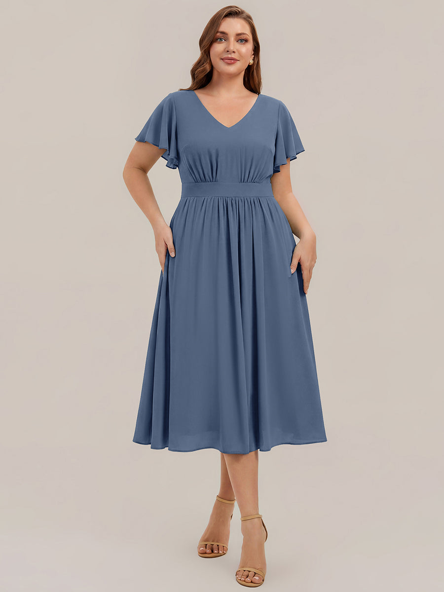 Midi Tee-L?nge Smocked A-Linie Kleid Mit V-Ausschnitt Aus Chiffon Elegant Und Stilvoll Kleid #Farbe_Taubenblau