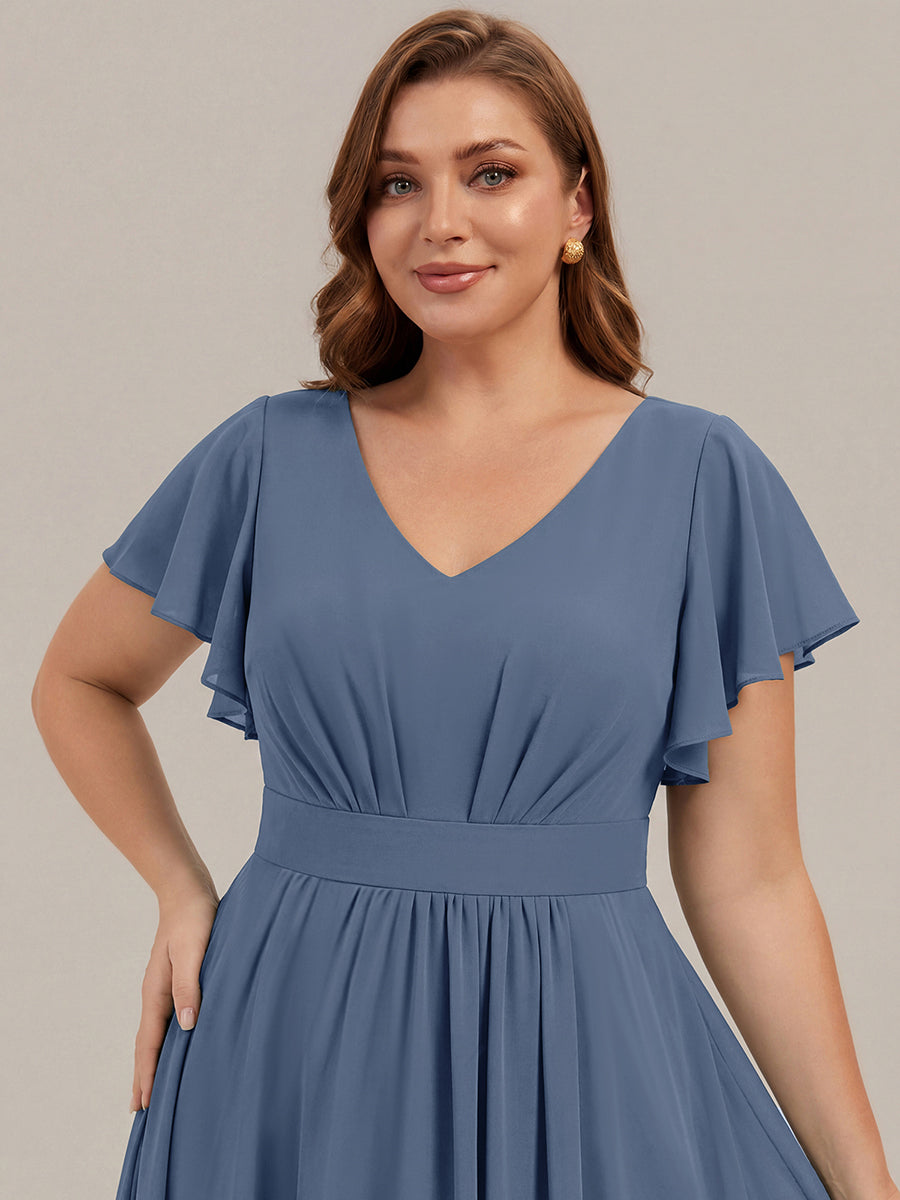 Midi Tee-L?nge Smocked A-Linie Kleid Mit V-Ausschnitt Aus Chiffon Elegant Und Stilvoll Kleid #Farbe_Taubenblau