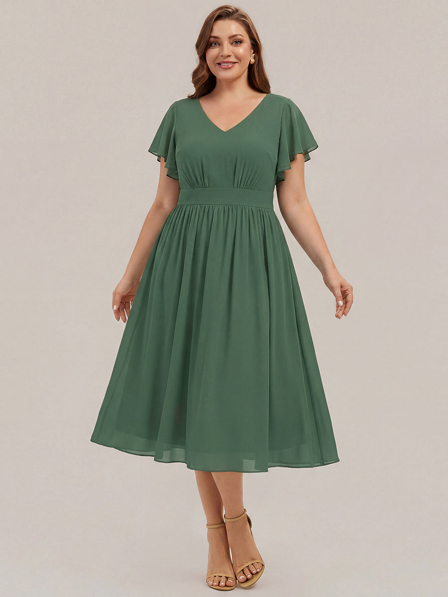 Midi Tee-L?nge Smocked A-Linie Kleid Mit V-Ausschnitt Aus Chiffon Elegant Und Stilvoll Kleid #Farbe_Eukalyptus
