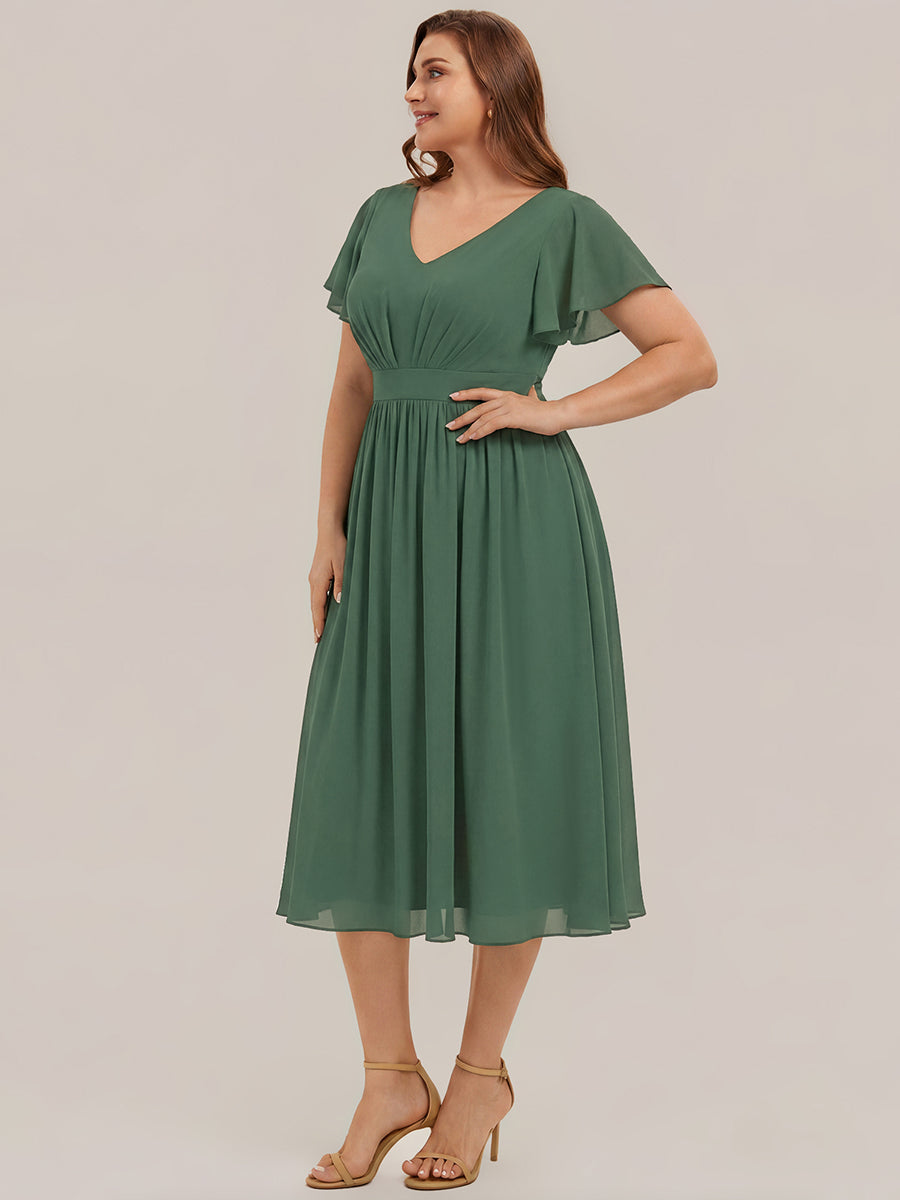 Midi Tee-L?nge Smocked A-Linie Kleid Mit V-Ausschnitt Aus Chiffon Elegant Und Stilvoll Kleid #Farbe_Eukalyptus