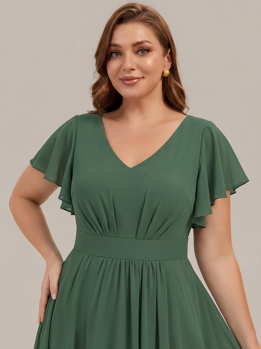 Midi Tee-L?nge Smocked A-Linie Kleid Mit V-Ausschnitt Aus Chiffon Elegant Und Stilvoll Kleid #Farbe_Eukalyptus