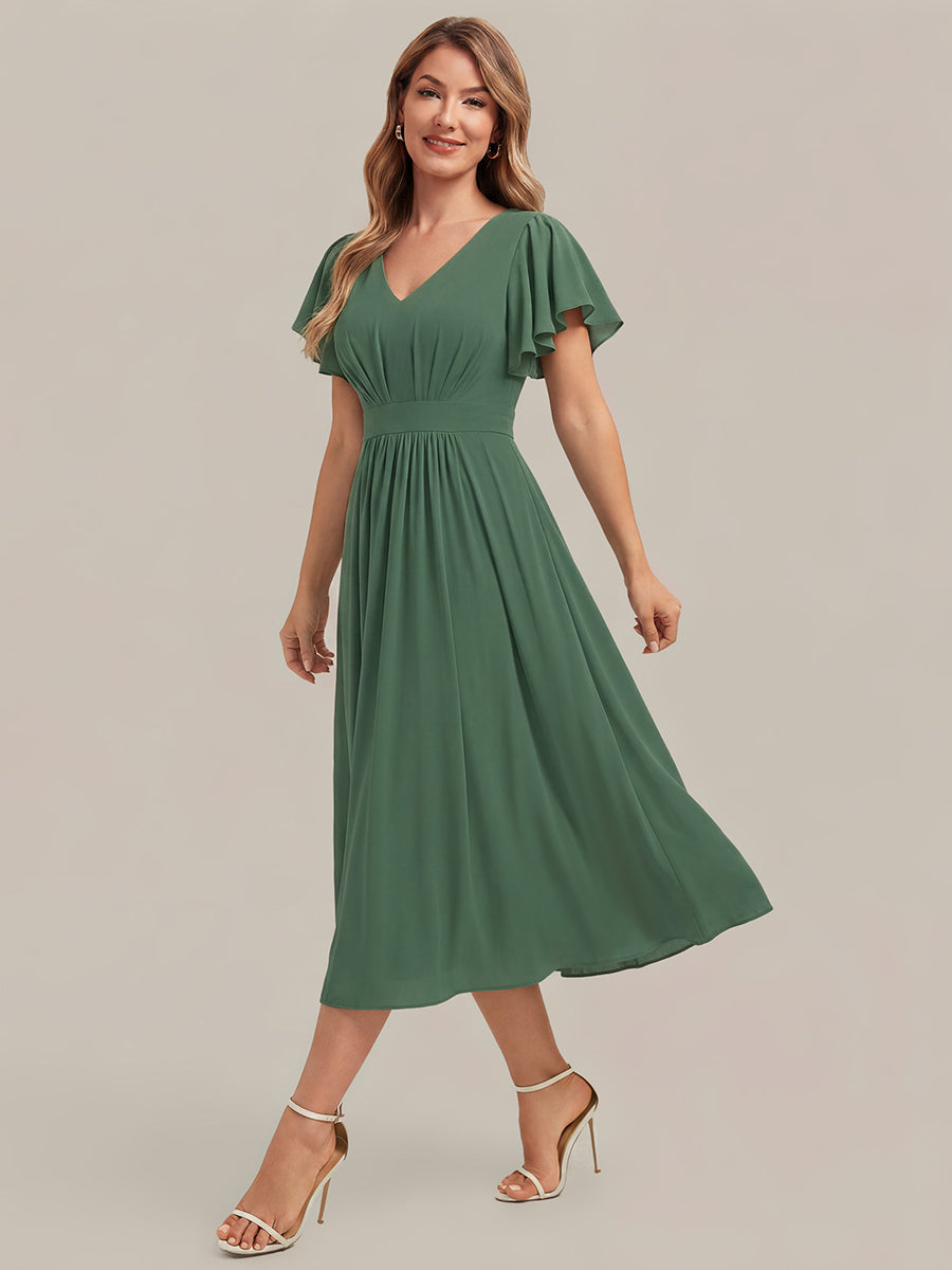 Midi Tee-L?nge Smocked A-Linie Kleid Mit V-Ausschnitt Aus Chiffon Elegant Und Stilvoll Kleid #Farbe_Eukalyptus