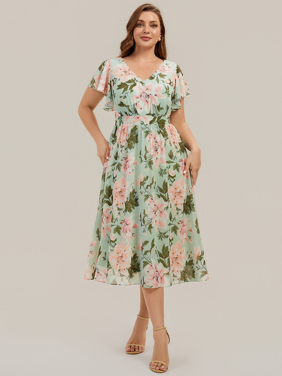 Midi Tee-L?nge Smocked A-Linie Kleid Mit V-Ausschnitt Aus Chiffon Elegant Und Stilvoll Kleid #Farbe_Hellgrün mit Blumenmuster