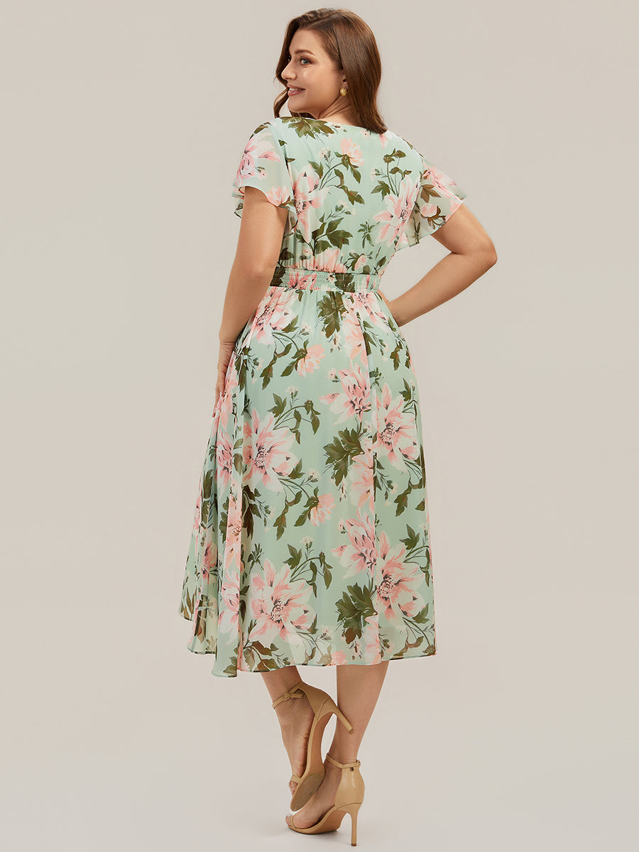 Midi Tee-L?nge Smocked A-Linie Kleid Mit V-Ausschnitt Aus Chiffon Elegant Und Stilvoll Kleid #Farbe_Hellgrün mit Blumenmuster