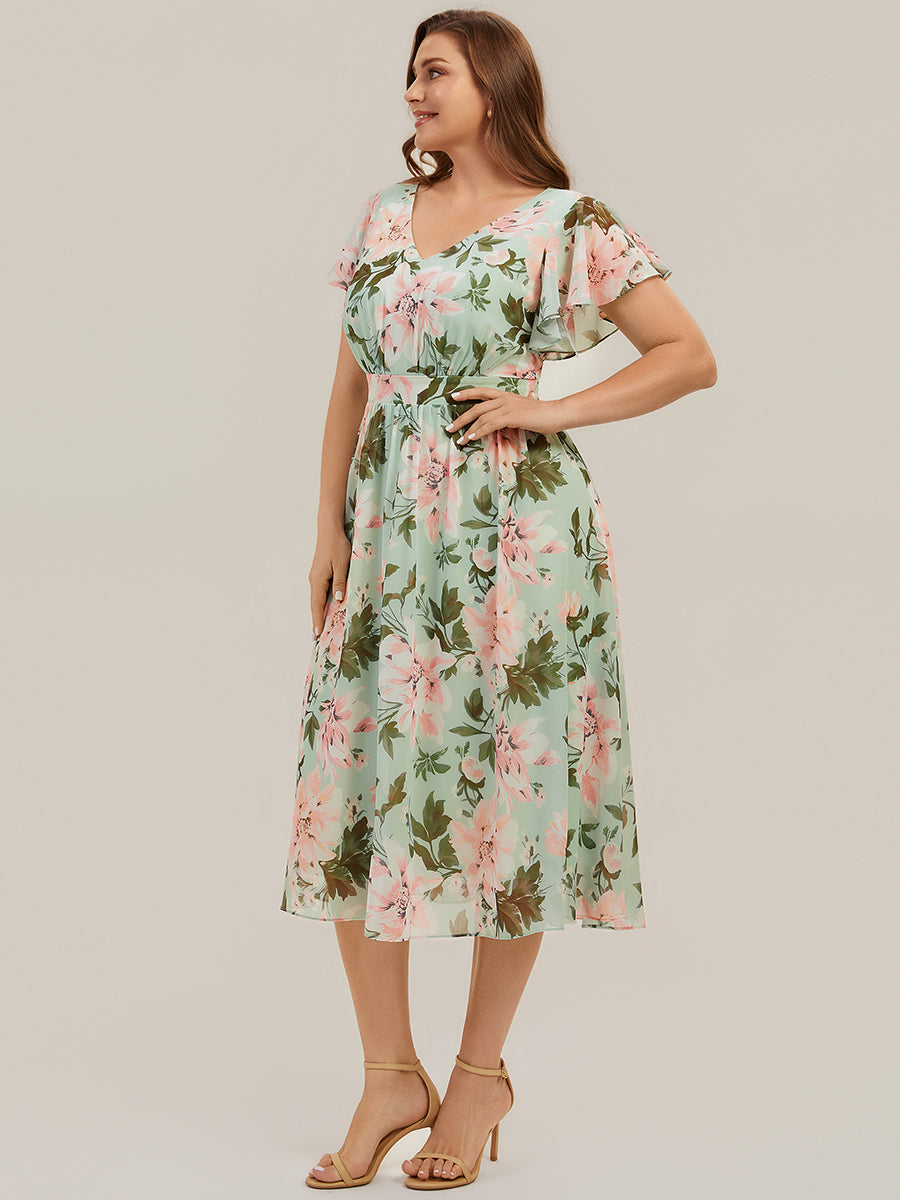 Midi Tee-L?nge Smocked A-Linie Kleid Mit V-Ausschnitt Aus Chiffon Elegant Und Stilvoll Kleid #Farbe_Hellgrün mit Blumenmuster