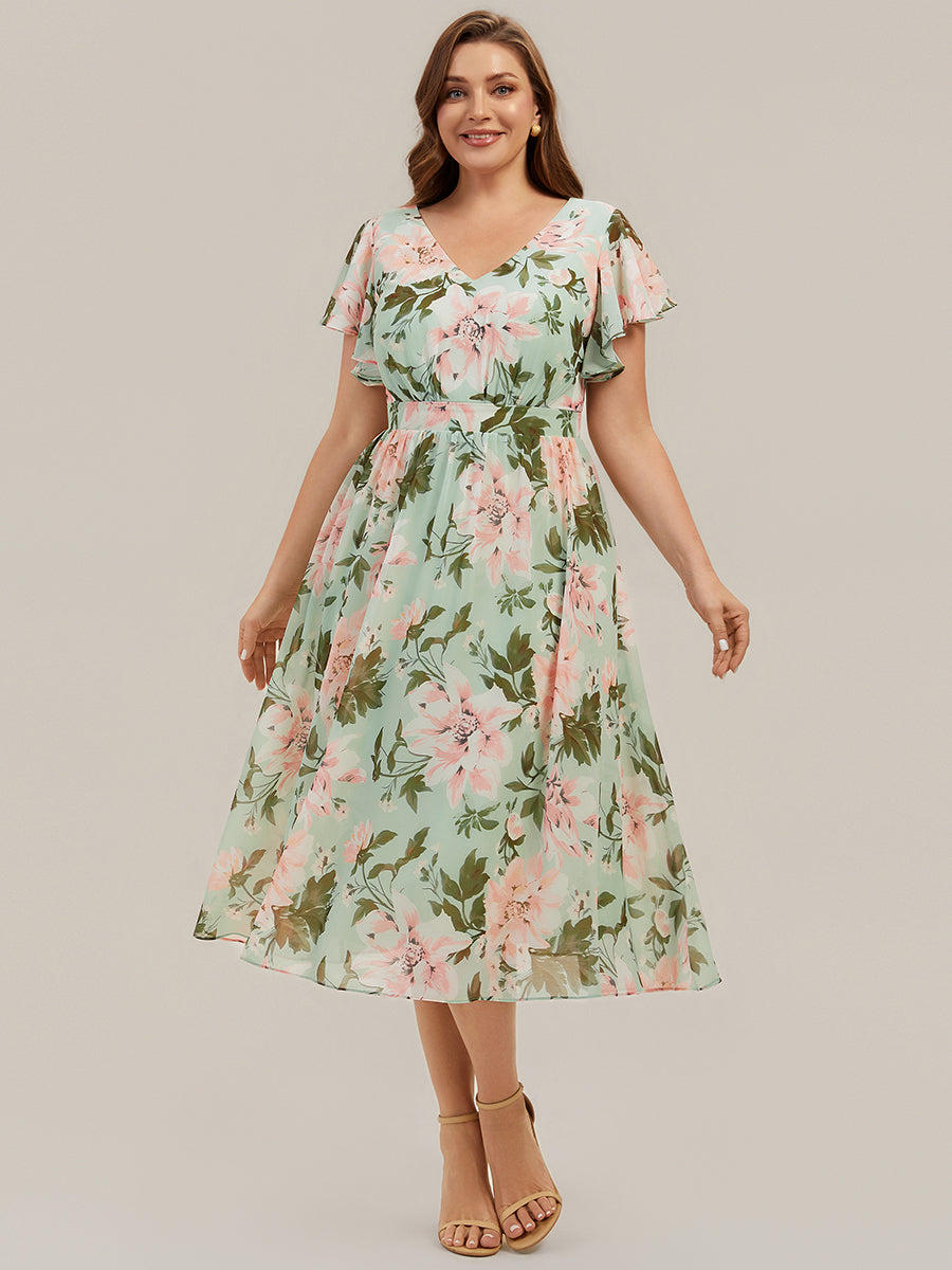 Midi Tee-L?nge Smocked A-Linie Kleid Mit V-Ausschnitt Aus Chiffon Elegant Und Stilvoll Kleid #Farbe_Hellgrün mit Blumenmuster