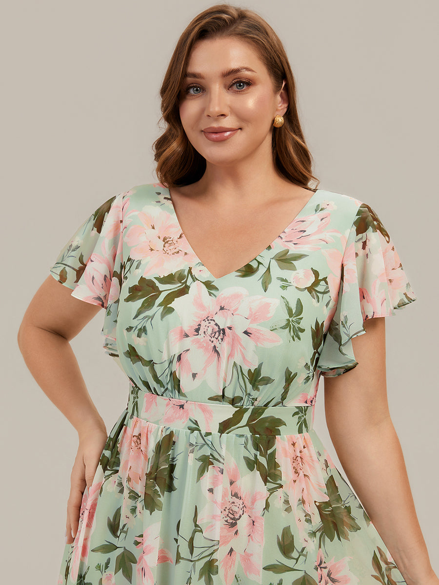 Midi Tee-L?nge Smocked A-Linie Kleid Mit V-Ausschnitt Aus Chiffon Elegant Und Stilvoll Kleid #Farbe_Hellgrün mit Blumenmuster