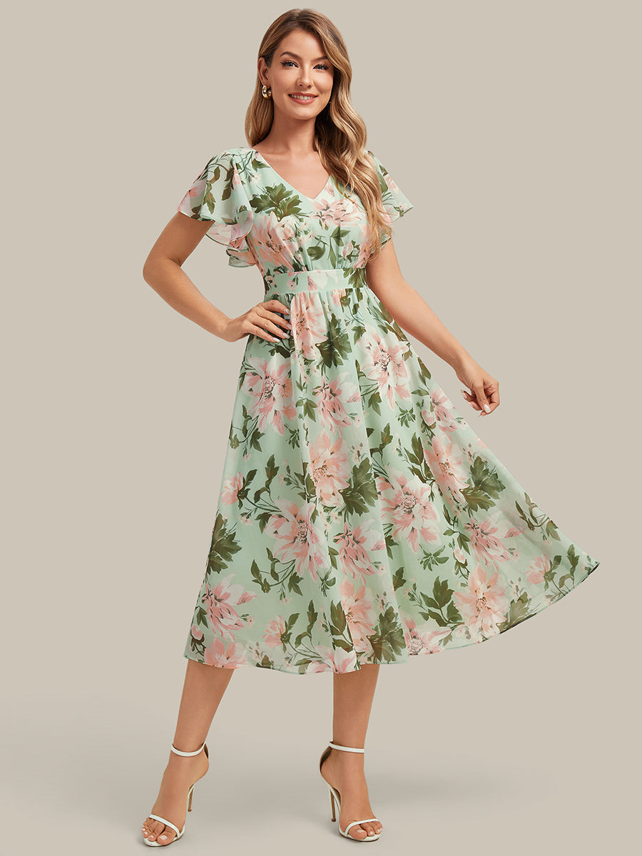 Midi Tee-L?nge Smocked A-Linie Kleid Mit V-Ausschnitt Aus Chiffon Elegant Und Stilvoll Kleid #Farbe_Hellgrün mit Blumenmuster
