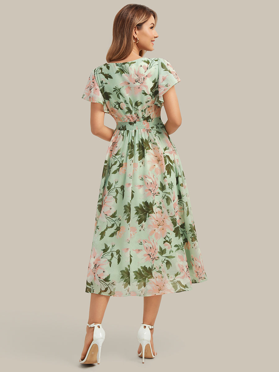 Midi Tee-L?nge Smocked A-Linie Kleid Mit V-Ausschnitt Aus Chiffon Elegant Und Stilvoll Kleid #Farbe_Hellgrün mit Blumenmuster