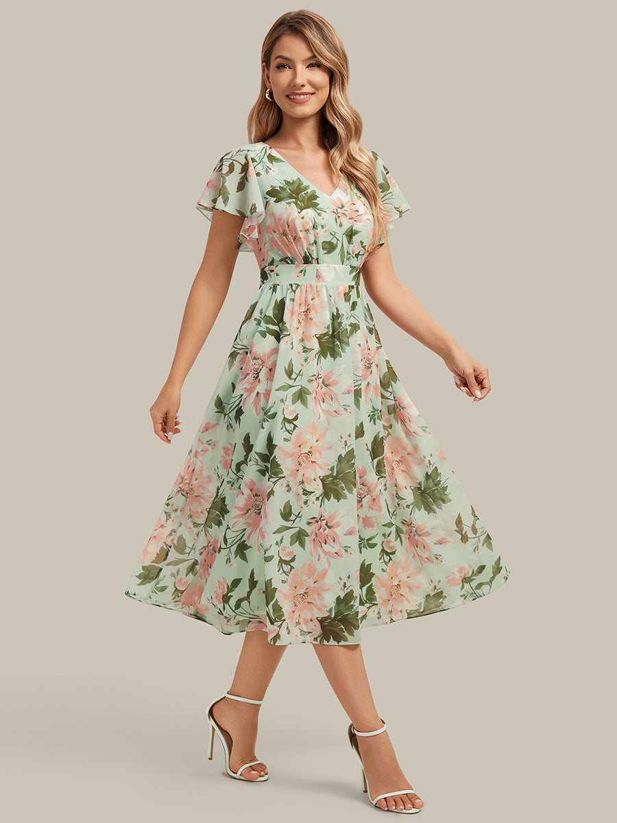 Midi Tee-L?nge Smocked A-Linie Kleid Mit V-Ausschnitt Aus Chiffon Elegant Und Stilvoll Kleid #Farbe_Hellgrün mit Blumenmuster