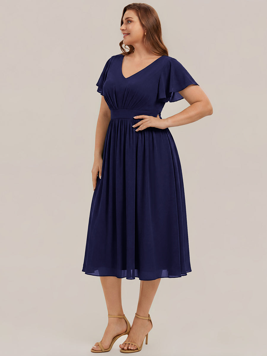 Midi Tee-L?nge Smocked A-Linie Kleid Mit V-Ausschnitt Aus Chiffon Elegant Und Stilvoll Kleid #Farbe_Marineblau