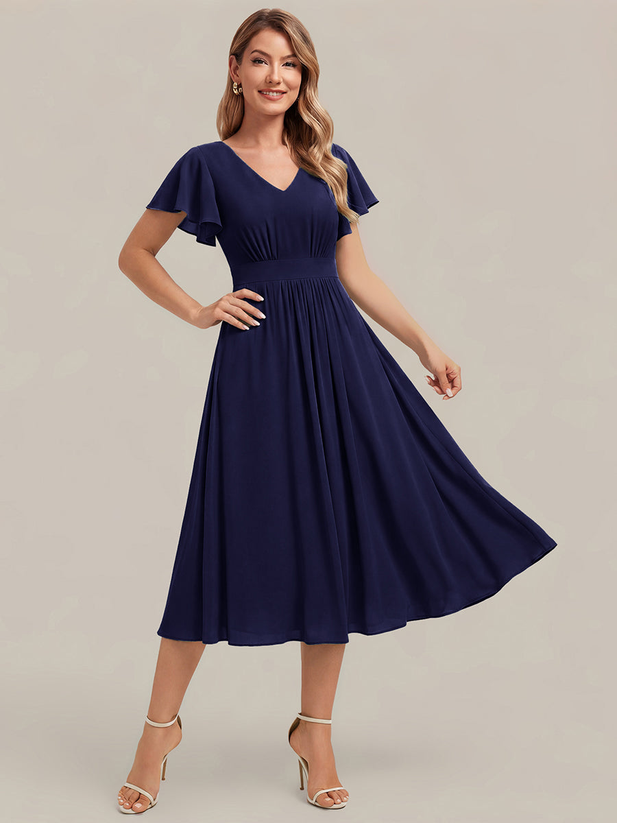 Midi Tee-L?nge Smocked A-Linie Kleid Mit V-Ausschnitt Aus Chiffon Elegant Und Stilvoll Kleid #Farbe_Marineblau
