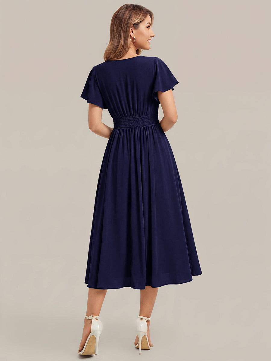 Midi Tee-L?nge Smocked A-Linie Kleid Mit V-Ausschnitt Aus Chiffon Elegant Und Stilvoll Kleid #Farbe_Marineblau
