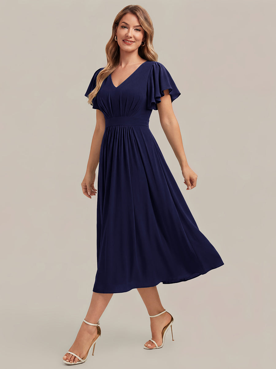 Midi Tee-L?nge Smocked A-Linie Kleid Mit V-Ausschnitt Aus Chiffon Elegant Und Stilvoll Kleid #Farbe_Marineblau