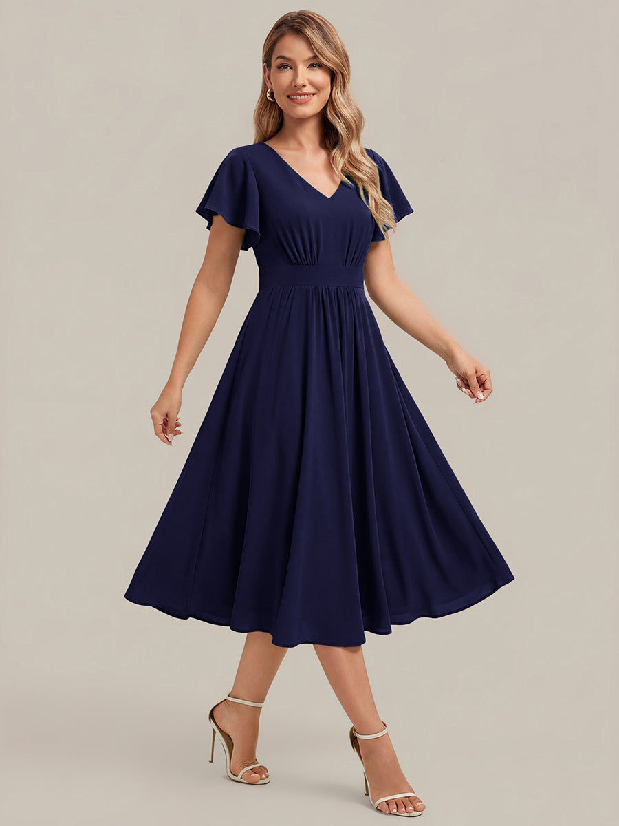 Midi Tee-L?nge Smocked A-Linie Kleid Mit V-Ausschnitt Aus Chiffon Elegant Und Stilvoll Kleid #Farbe_Marineblau