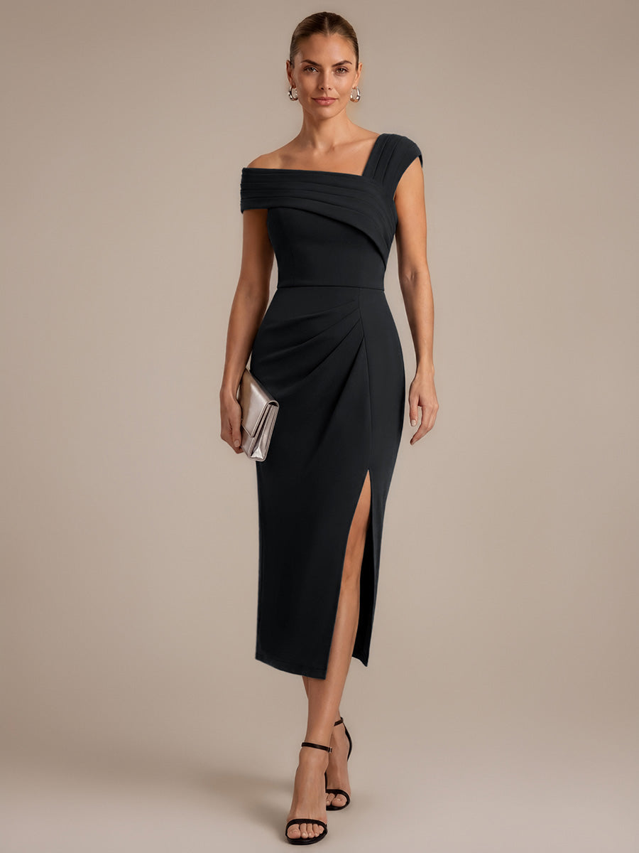 Midi Tea Länge Etui Kleid Quadratischer Ausschnitt Krepp 3D Drapierung Schlitz #Farbe_Schwarz