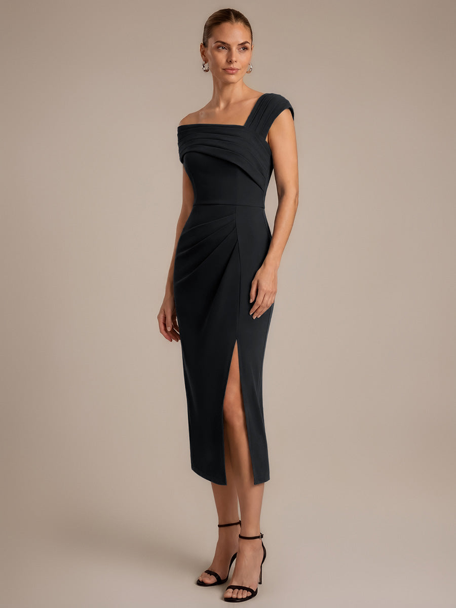 Midi Tea Länge Etui Kleid Quadratischer Ausschnitt Krepp 3D Drapierung Schlitz #Farbe_Schwarz