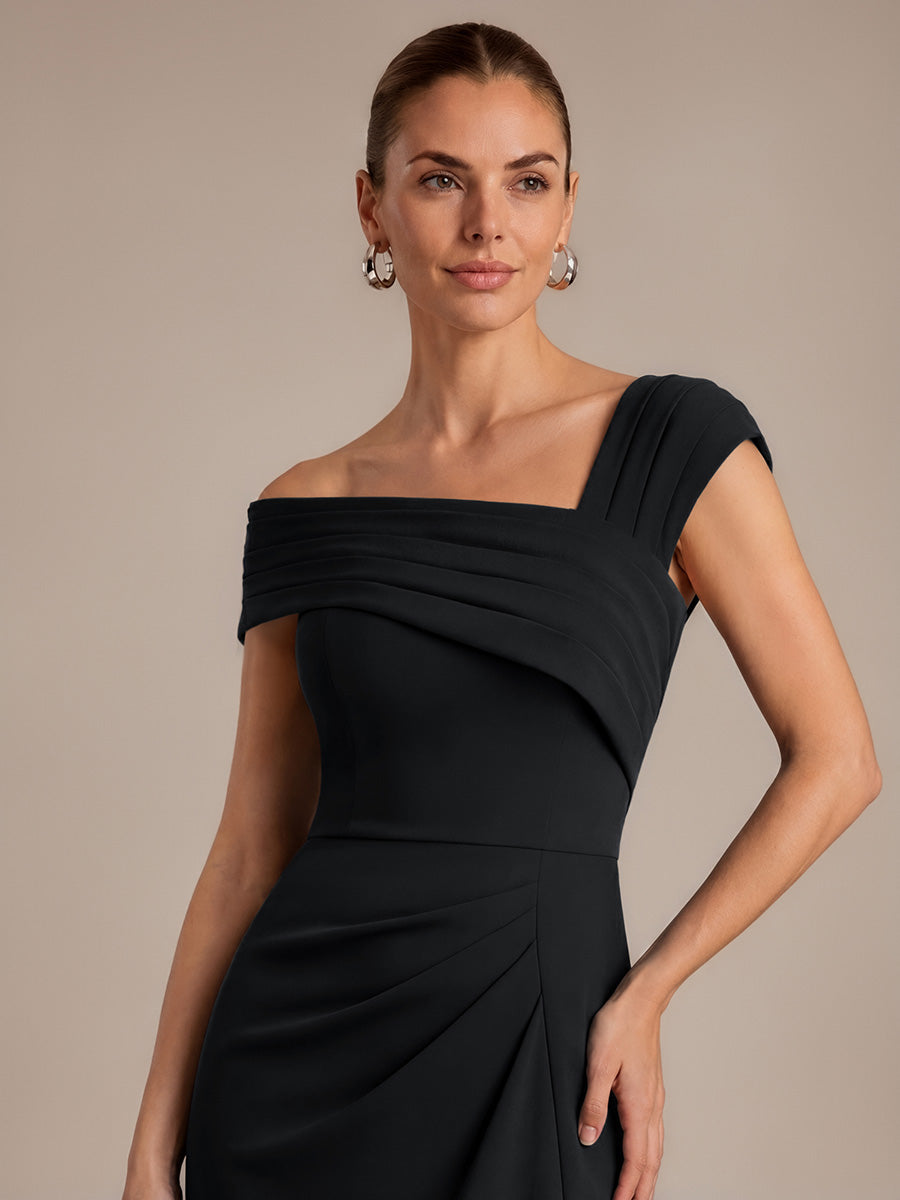 Midi Tea Länge Etui Kleid Quadratischer Ausschnitt Krepp 3D Drapierung Schlitz #Farbe_Schwarz