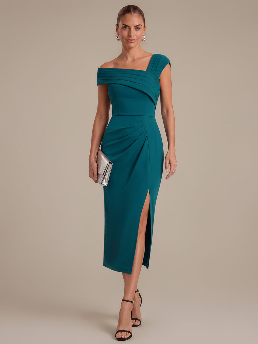 Midi Tea Länge Etui Kleid Quadratischer Ausschnitt Krepp 3D Drapierung Schlitz #Farbe_Petrol