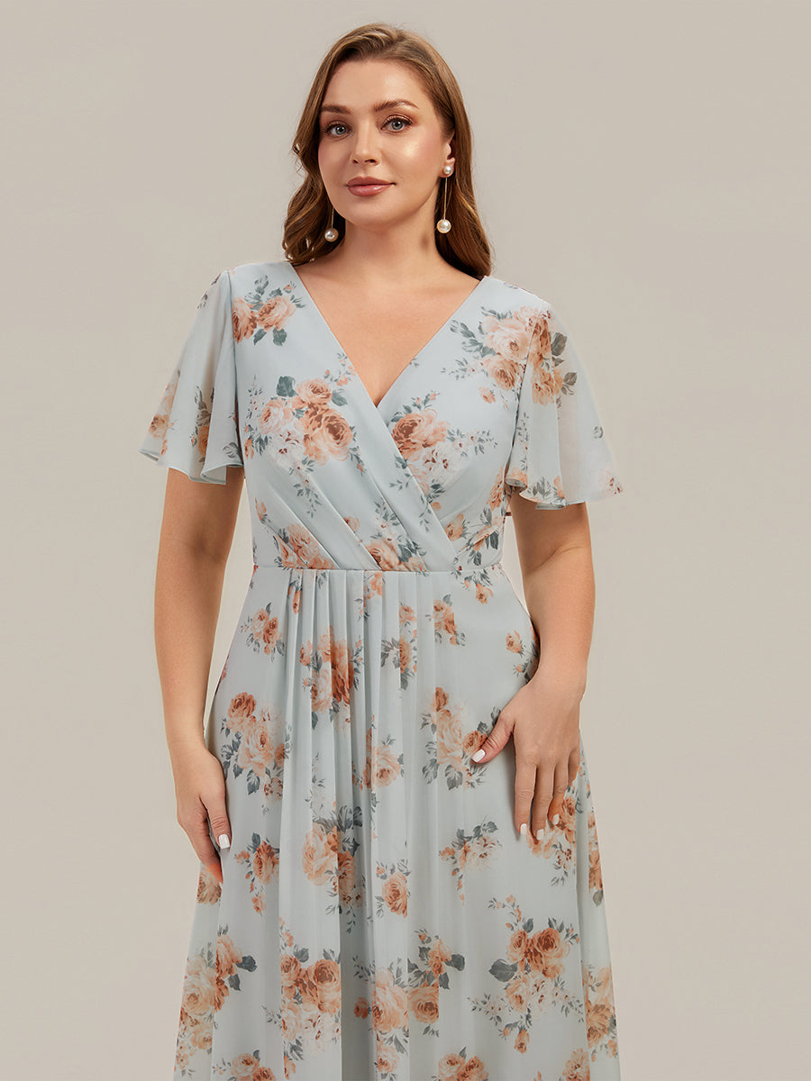 Asymmetrischer Saum V-Ausschnitt A-Linie Chiffon Kleid R¨¹schendetails Gepunkteter Druck #Farbe_Bernstein